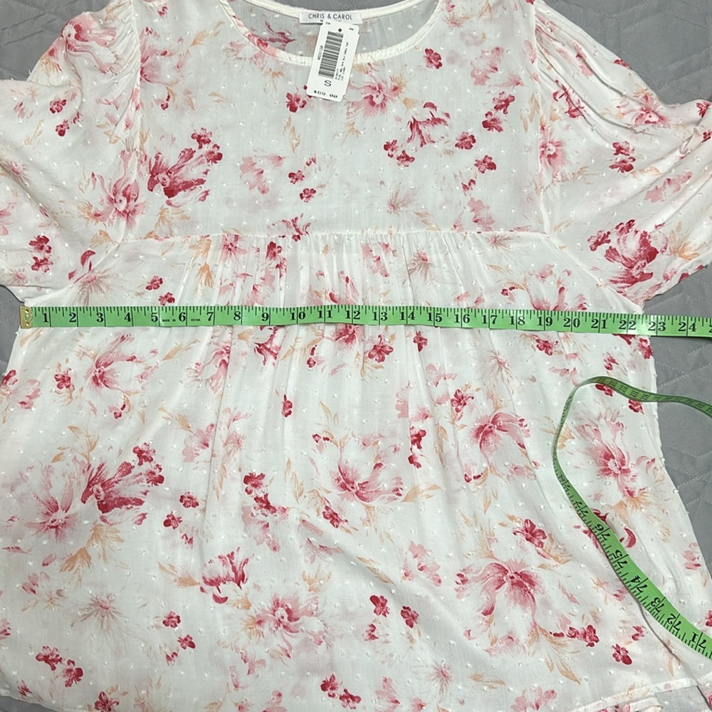 Sz S (M)⭐️NWT Chris & Carol Oversized Ivory/Pink Floral Flowy Bubble Sleeve Top.
